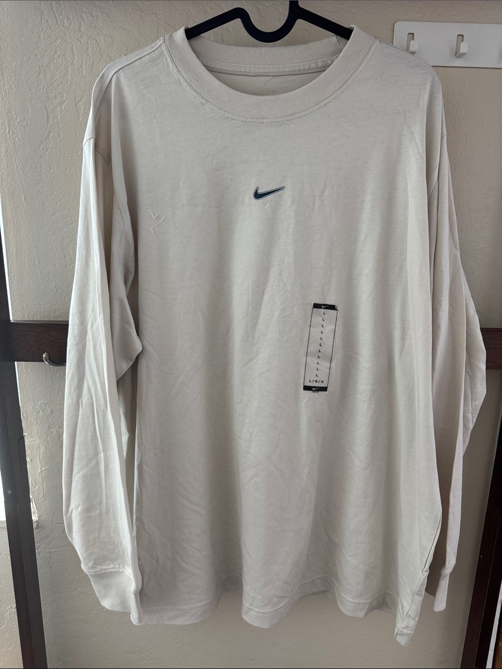 Nike Long-Sleeve Crew Shirt in Light Beige with Navy Swoosh